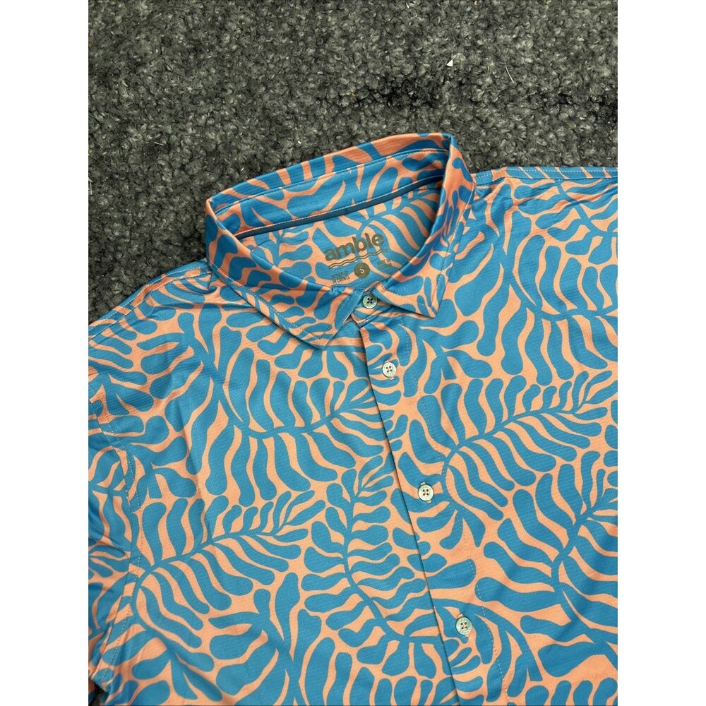 Amble Polo Button Up Shirt Mens S Blue Floral Performance Golf UV 30+ UPF NWT